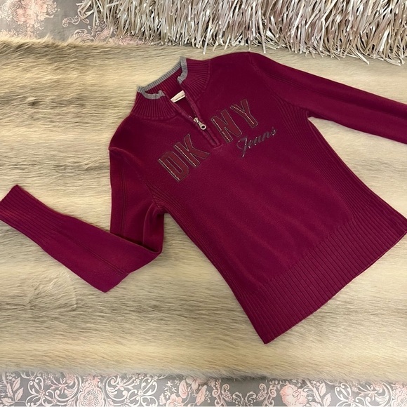 Dkny Sweaters - y2k Vintage DKNY Grape Purple 1/2 Zip Long Sleeve Ribbed Rhinestones Bling S